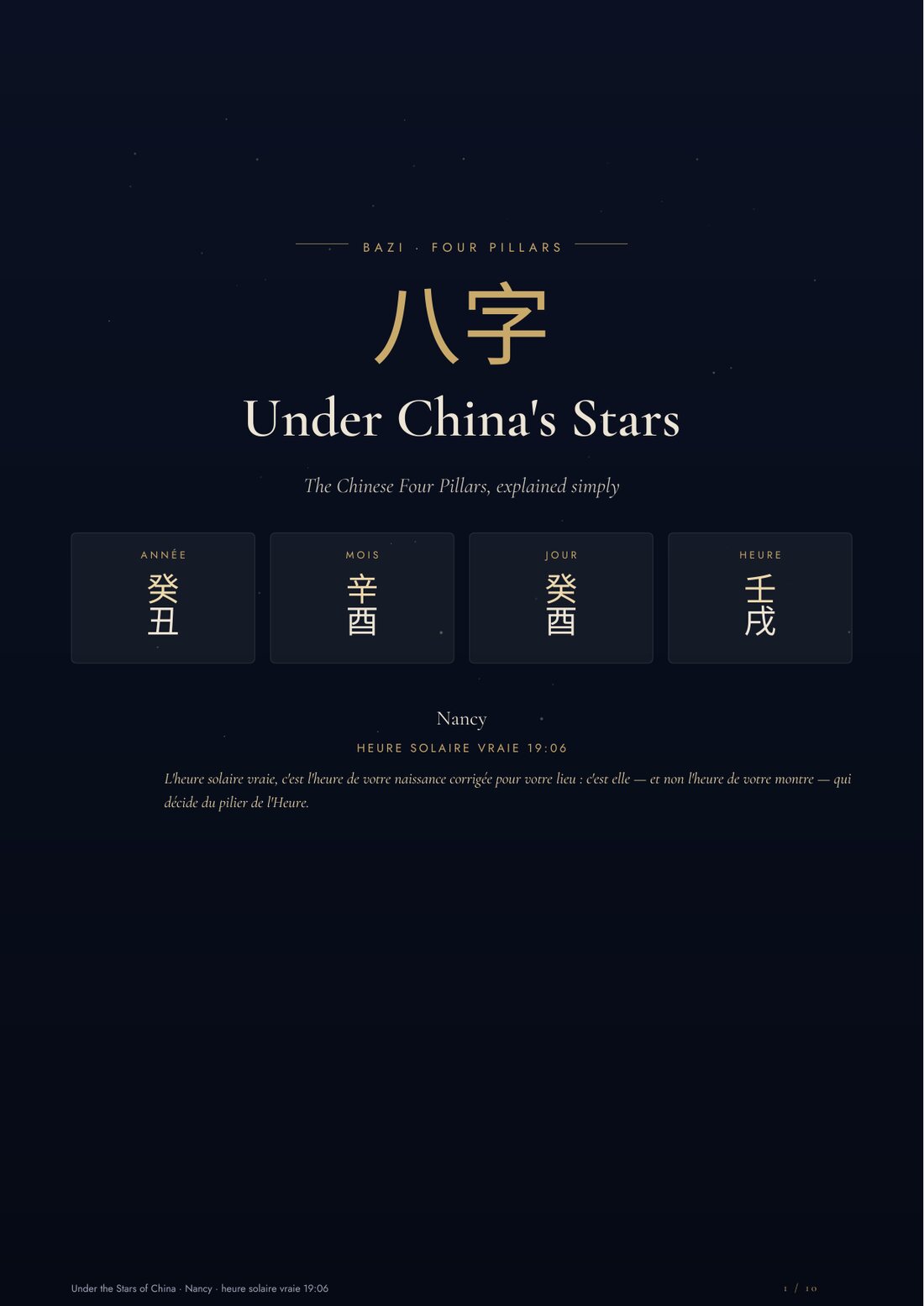 Cover of the book “Sous les astres de Chine”: the four pillars of a BaZi chart.